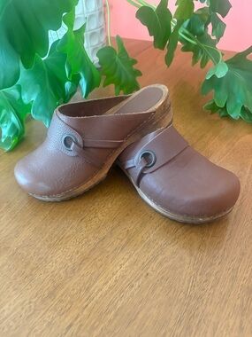 Sanita Brown Leather Clog Mules size 39 Wood Sole Brass Accent
